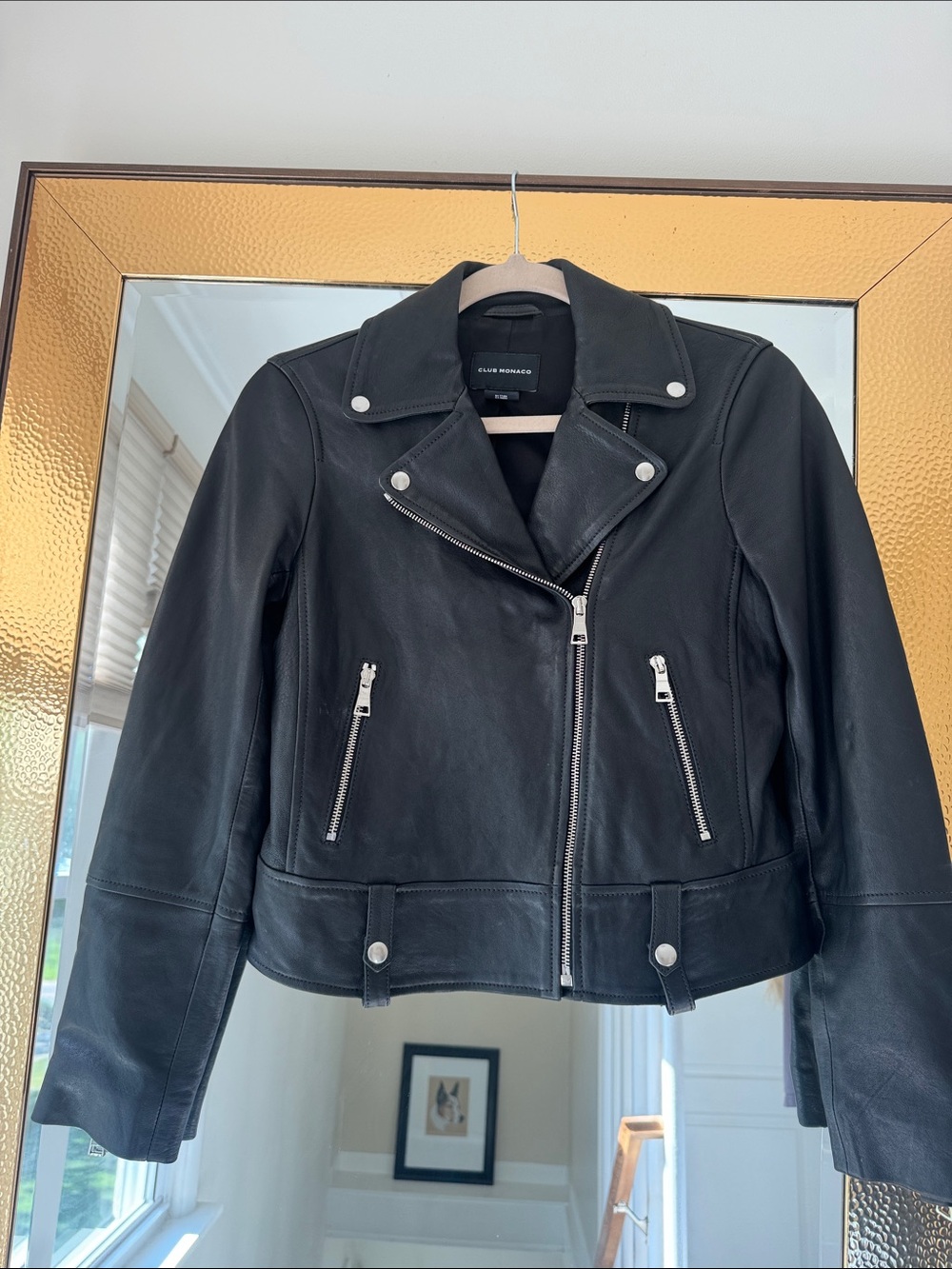 Club Monaco Black Leather Moto Jacket with Silver Hardware